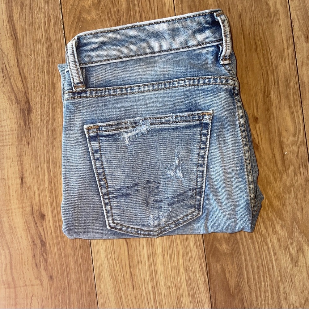 Silver Jeans Skinny Light Wash Distressed Embroidered Paisley with patch detail
